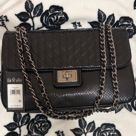 Elegant Black KARL LAGERFELD Snake like skin Chain Bag